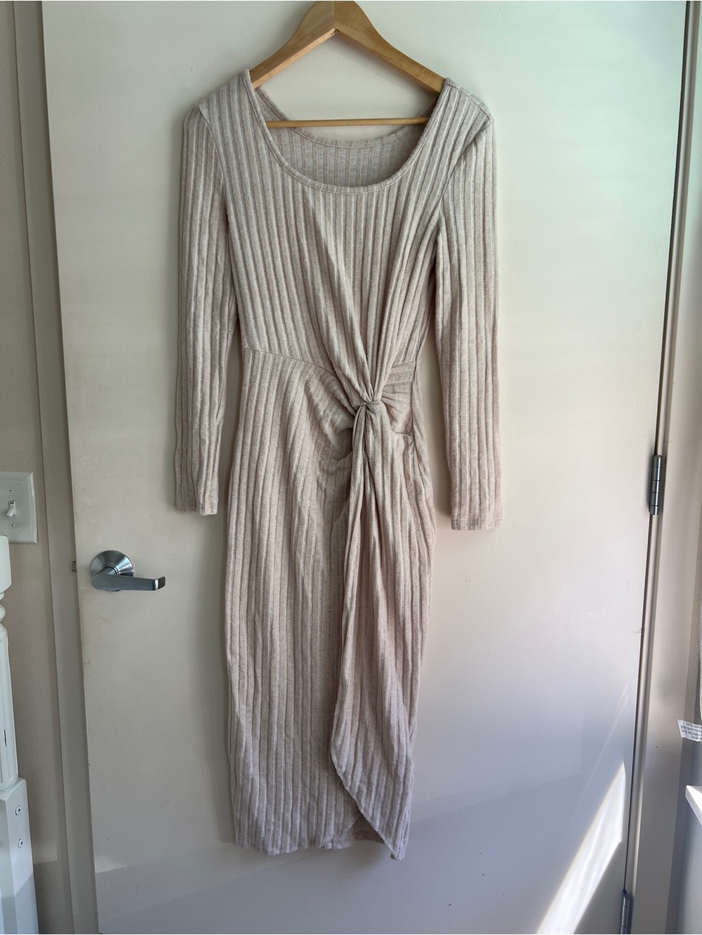 SHEIN Beige Ribbed Knot-Front Long Sleeve Midi Dress